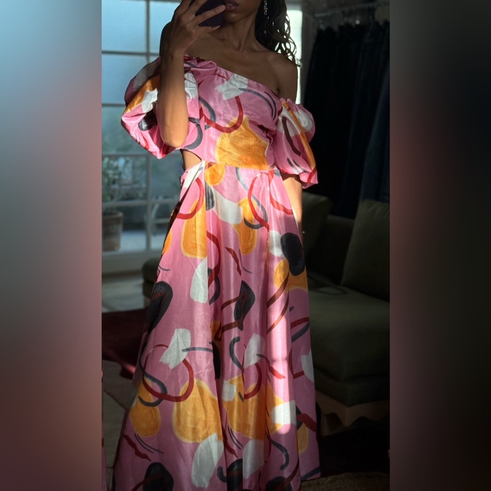 Aureta Printed Linen Puff-Sleeve Cutout Dress